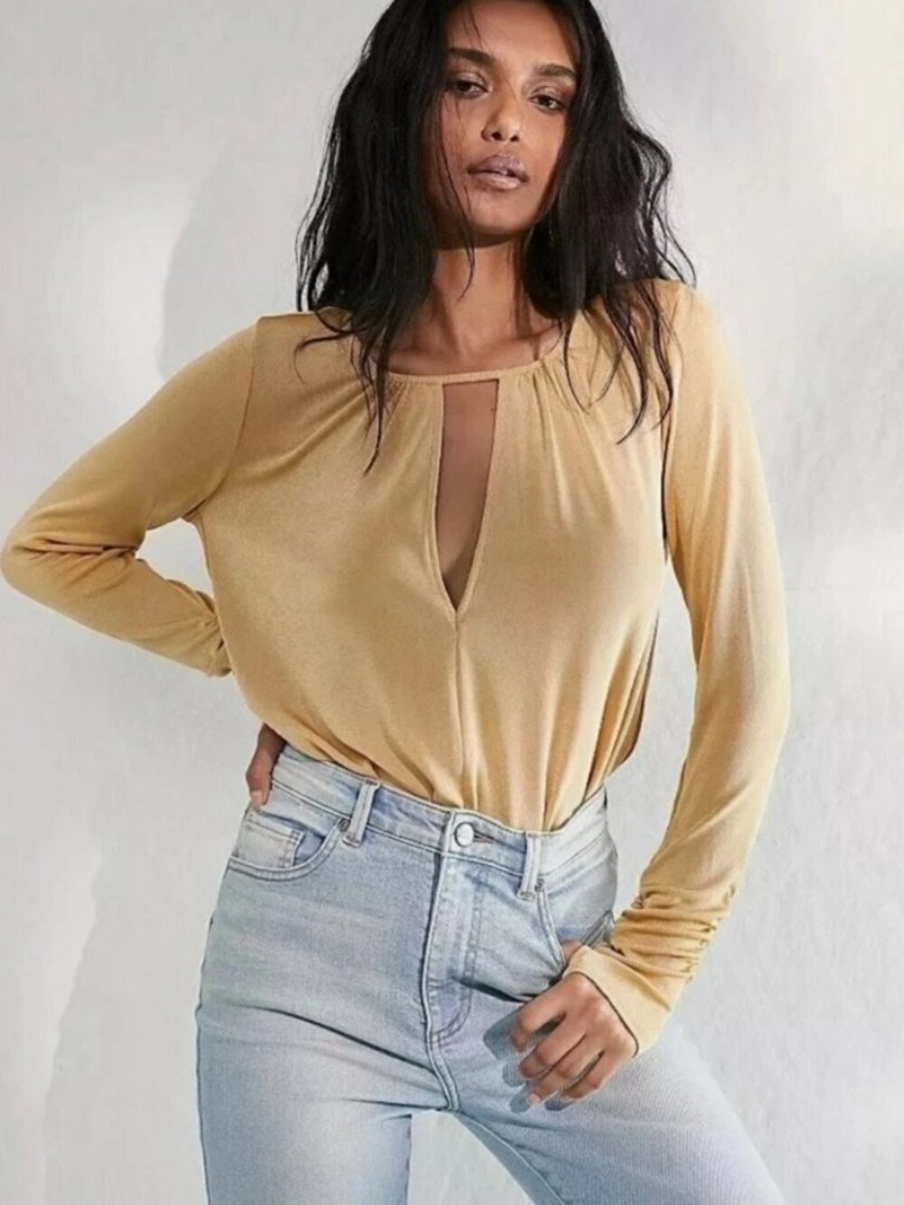 INTIMATELY FREE PEOPLE Kaya Gold Metallic Knit Jersey Keyhole Bodysuit, Size S